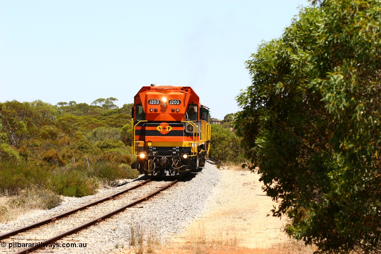 060111 2267
Tooligie, empty grain train running north behind ARG 1200 class unit 1203, a Clyde Engineering EMD model G12C serial 65-427, one of fourteen originally built between 1960-65 for WAGR as their A class A 1513, fitted with dynamic brakes and financed by Western Mining Corporation, started working on the Eyre Peninsula in November 2004. 11th January 2006.
Keywords: 1200-class;1203;Clyde-Engineering-Granville-NSW;EMD;G12C;65-427;A-class;A1513;