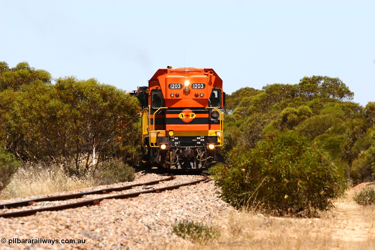 060111 2278
Peachna, two kilometres north of the former station site empty grain train running north behind ARG 1200 class unit 1203, a Clyde Engineering EMD model G12C serial 65-427, one of fourteen originally built between 1960-65 for WAGR as their A class A 1513, fitted with dynamic brakes and financed by Western Mining Corporation, started working on the Eyre Peninsula in November 2004. 11th January 2006.
Keywords: 1200-class;1203;Clyde-Engineering-Granville-NSW;EMD;G12C;65-427;A-class;A1513;