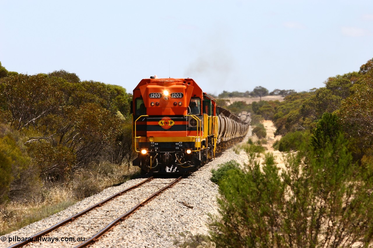 060111 2289
Warrachie, ARG 1200 class unit 1203, a Clyde Engineering EMD model G12C serial 65-427, one of fourteen originally built between 1960-65 for WAGR as their A class A 1513, fitted with dynamic brakes and financed by Western Mining Corporation, started working on the Eyre Peninsula in November 2004 leads an empty grain train between Murdinga and Lock. 11th January 2006.
Keywords: 1200-class;1203;Clyde-Engineering-Granville-NSW;EMD;G12C;65-427;A-class;A1513;