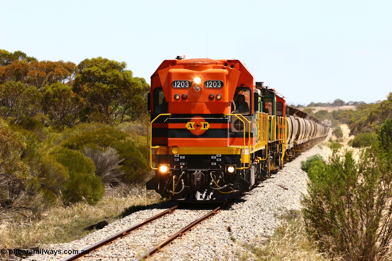 060111 2291
Warrachie, ARG 1200 class unit 1203, a Clyde Engineering EMD model G12C serial 65-427, one of fourteen originally built between 1960-65 for WAGR as their A class A 1513, fitted with dynamic brakes and financed by Western Mining Corporation, started working on the Eyre Peninsula in November 2004 leads an empty grain train between Murdinga and Lock. 11th January 2006.
Keywords: 1200-class;1203;Clyde-Engineering-Granville-NSW;EMD;G12C;65-427;A-class;A1513;