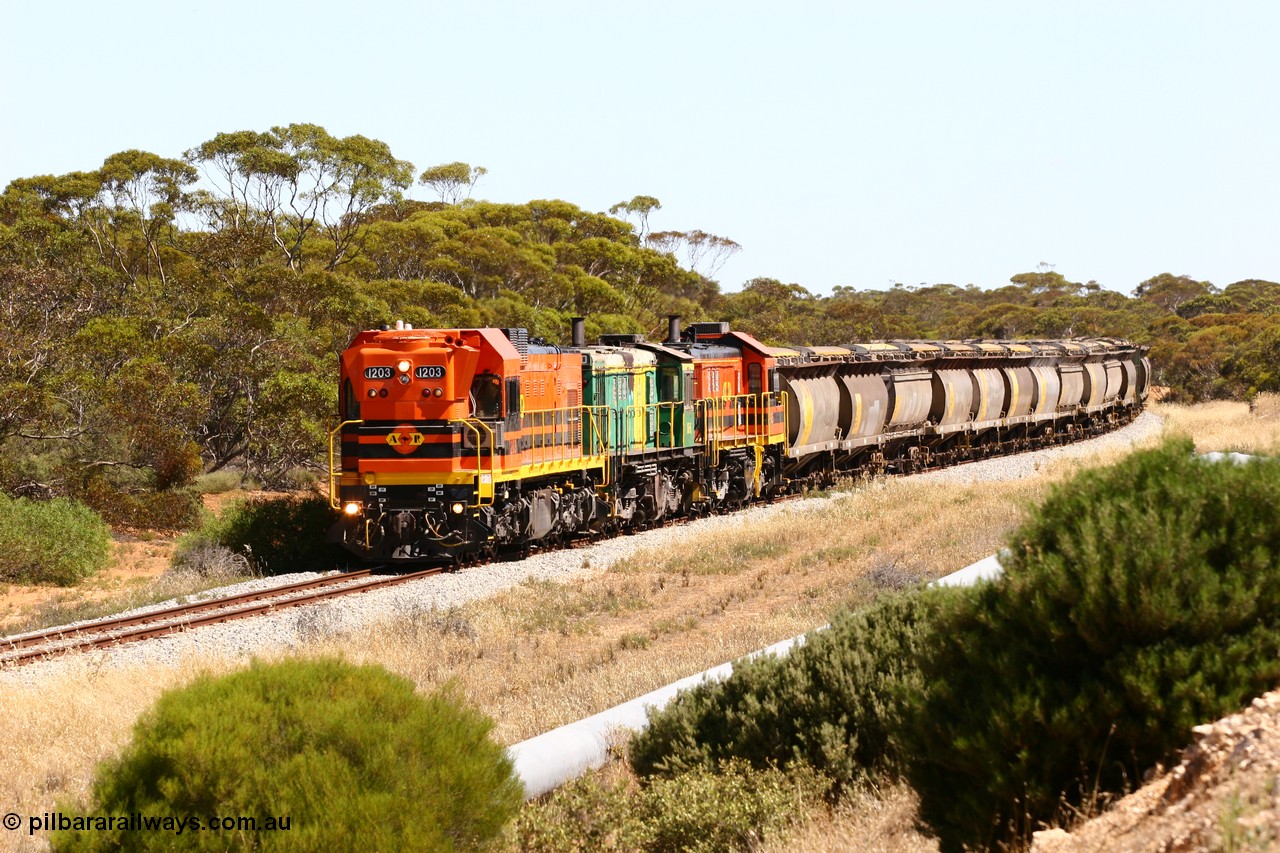 060111 2307
Kopi, an empty Clyde Engineering built EMD G12C model loco 1203 serial 65-427 leads two ALCo 830 class units 850 and 905. Their next shunt will be Warramboo. 11th January 2006.
Keywords: 1200-class;1203;Clyde-Engineering-Granville-NSW;EMD;G12C;65-427;A-class;A1513;