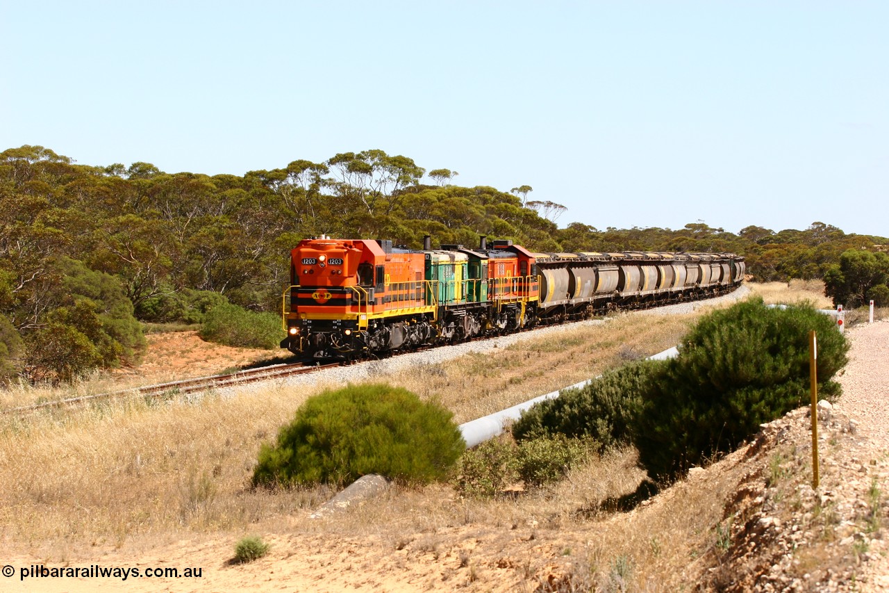 060111 2309
Kopi, an empty Clyde Engineering built EMD G12C model loco 1203 serial 65-427 leads two ALCo 830 class units 850 and 905. Their next shunt will be Warramboo. 11th January 2006.
Keywords: 1200-class;1203;Clyde-Engineering-Granville-NSW;EMD;G12C;65-427;A-class;A1513;