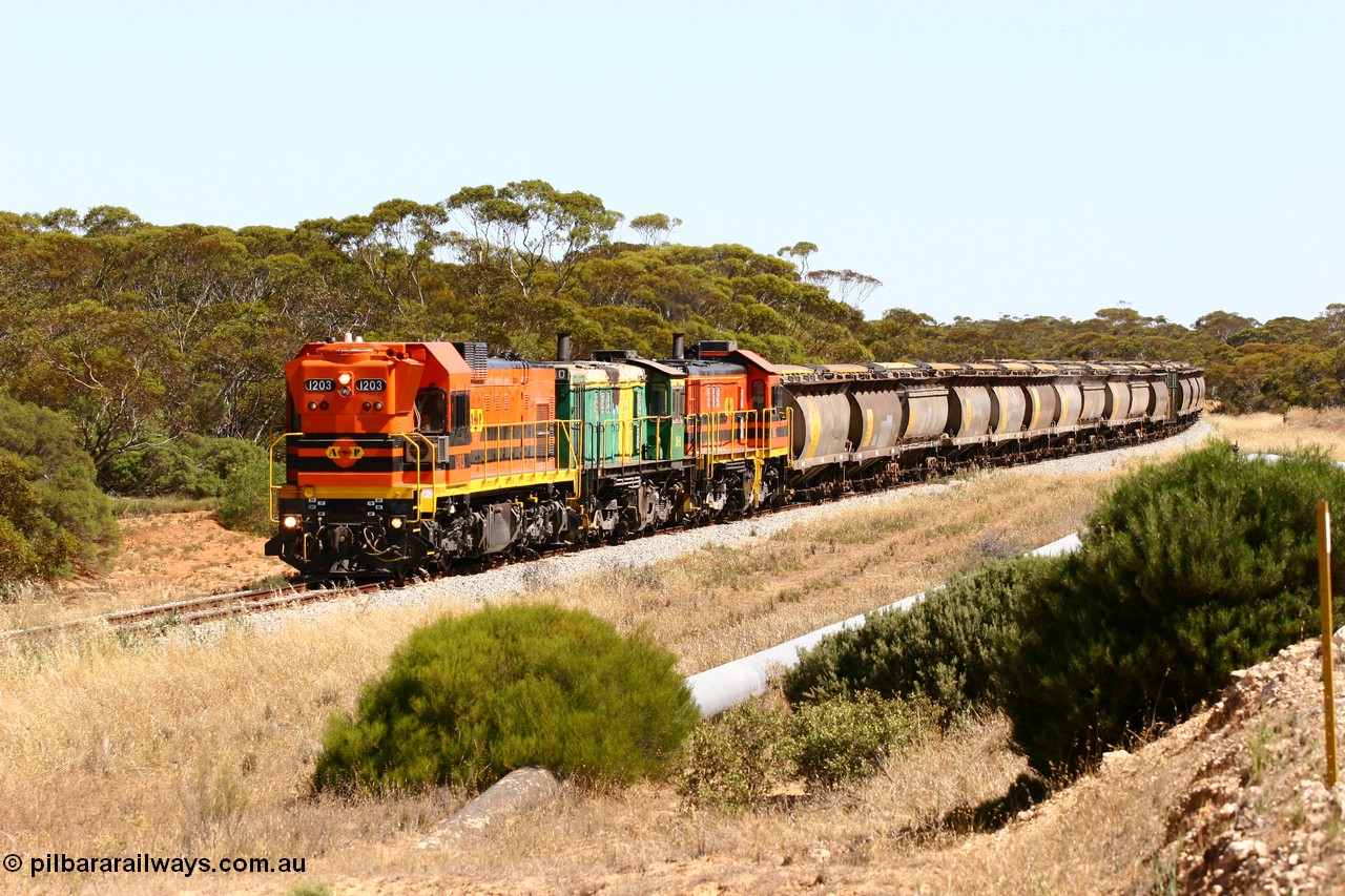 060111 2310
Kopi, an empty Clyde Engineering built EMD G12C model loco 1203 serial 65-427 leads two ALCo 830 class units 850 and 905. Their next shunt will be Warramboo. 11th January 2006.
Keywords: 1200-class;1203;Clyde-Engineering-Granville-NSW;EMD;G12C;65-427;A-class;A1513;