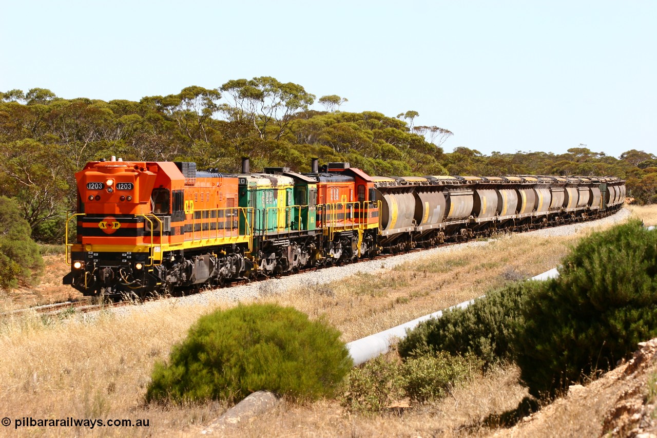 060111 2311
Kopi, an empty Clyde Engineering built EMD G12C model loco 1203 serial 65-427 leads two ALCo 830 class units 850 and 905. Their next shunt will be Warramboo. 11th January 2006.
Keywords: 1200-class;1203;Clyde-Engineering-Granville-NSW;EMD;G12C;65-427;A-class;A1513;