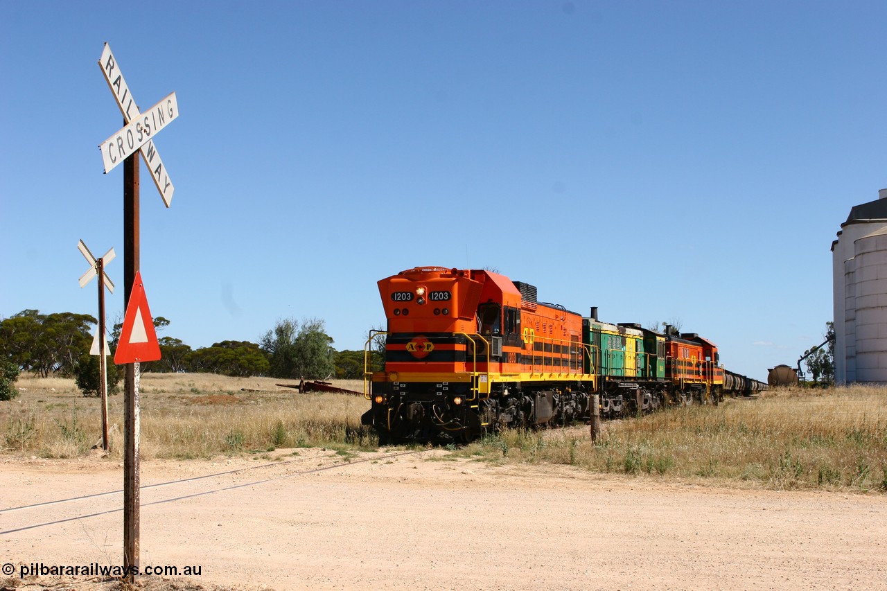 060111 2325
Warramboo, Kimba Road grade crossing, ARG 1200 class unit 1203, a Clyde Engineering EMD model G12C serial 65-427, one of fourteen originally built between 1960-65 for WAGR as their A class A 1513, fitted with dynamic brakes and financed by Western Mining Corporation, started working on the Eyre Peninsula in November 2004, here shunting off the grain siding and back to the mainline to resume the journey north. 11th January 2006.
Keywords: 1200-class;1203;Clyde-Engineering-Granville-NSW;EMD;G12C;65-427;A-class;A1513;