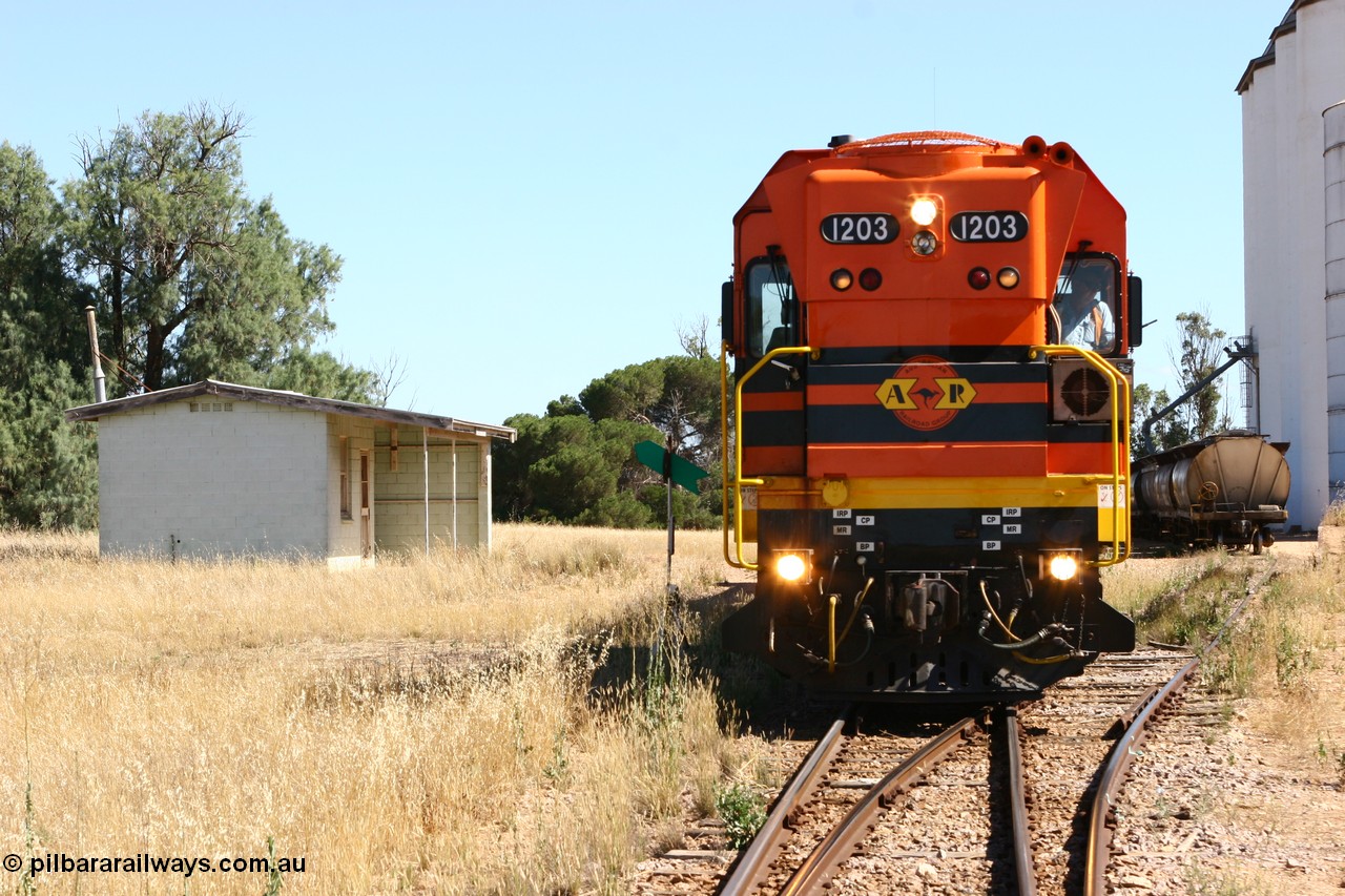 060111 2330
Warramboo, located at the 190.2 km and opened with the line in May 1913, with now disused station building on the left, Clyde Engineering built EMD G12C model loco 1203 serial 65-427 stands on the mainline as loading on the grain siding has started. 11th January 2006.
Keywords: 1200-class;1203;Clyde-Engineering-Granville-NSW;EMD;G12C;65-427;A-class;A1513;