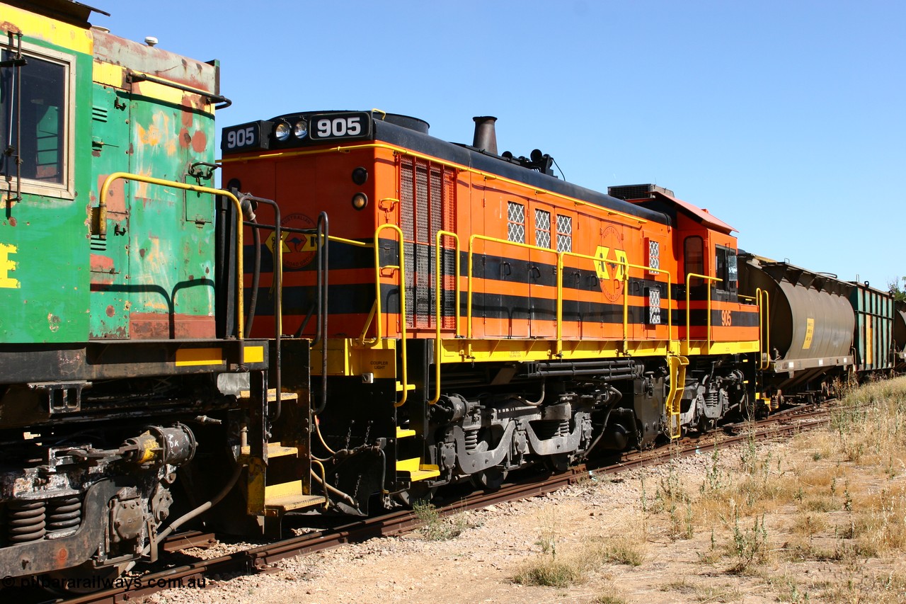 060111 2337
Warramboo, ARG 900 class unit 905, originally built by AE Goodwin as 830 class unit 836 serial 83727, converted to DA class DA 6 by Australian National at Port Augusta workshops for driver only operation in 1996. Trailing unit in a north bound grain train. 11th January 2006.
Keywords: 900-class;905;83727;830-class;836;AE-Goodwin;ALCo;DL531;DA-class;DA6;