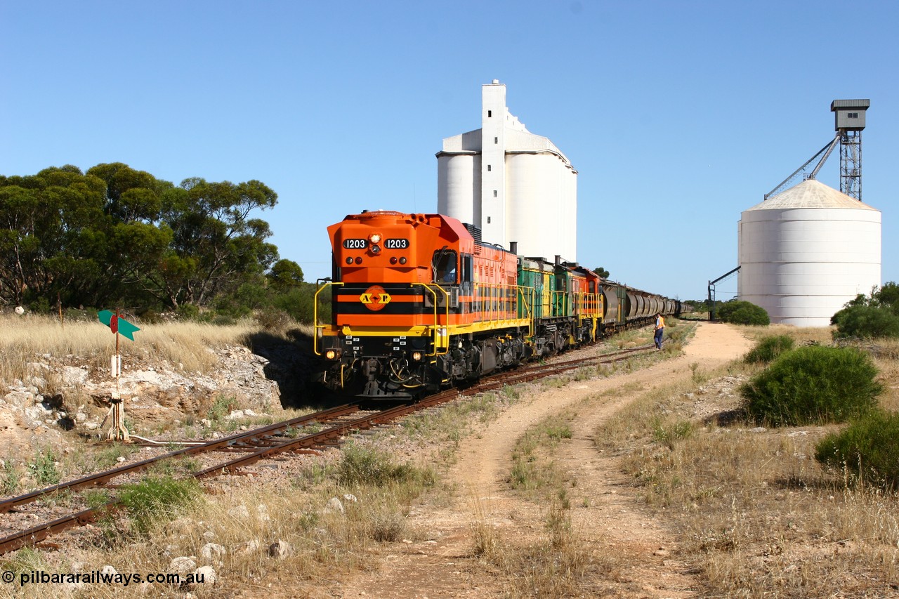 060111 2345
Kyancutta, ARG 1200 class unit 1203, a Clyde Engineering EMD model G12C serial 65-427, one of fourteen originally built between 1960-65 for WAGR as their A class A 1513, fitted with dynamic brakes and financed by Western Mining Corporation, started working on the Eyre Peninsula in November 2004.
Keywords: 1200-class;1203;Clyde-Engineering-Granville-NSW;EMD;G12C;65-427;A-class;A1513;