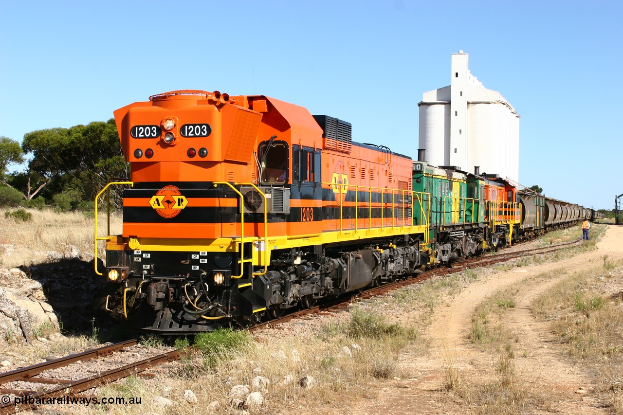 060111 2348
Kyancutta, ARG 1200 class unit 1203, a Clyde Engineering EMD model G12C serial 65-427, one of fourteen originally built between 1960-65 for WAGR as their A class A 1513, fitted with dynamic brakes and financed by Western Mining Corporation, started working on the Eyre Peninsula in November 2004.
Keywords: 1200-class;1203;Clyde-Engineering-Granville-NSW;EMD;G12C;65-427;A-class;A1513;