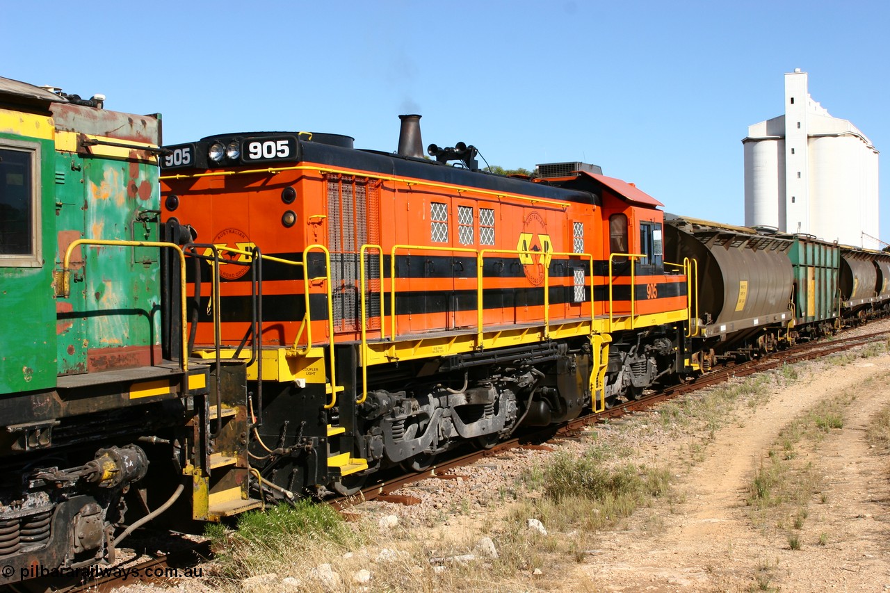 060111 2349
Kyancutta, ARG 900 class unit 905, originally built by AE Goodwin as 830 class unit 836 serial 83727, converted to DA class DA 6 by Australian National at Port Augusta workshops for driver only operation in 1996. Trailing unit in a north bound grain train. 11th January 2006.
Keywords: 900-class;905;83727;830-class;836;AE-Goodwin;ALCo;DL531;DA-class;DA6;