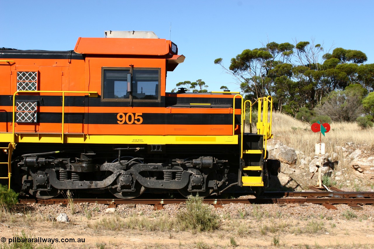 060111 2365
Kyancutta, ARG 900 class unit 905, originally built by AE Goodwin as 830 class unit 836 serial 83727, converted to DA class DA 6 by Australian National at Port Augusta workshops for driver only operation in 1996. Trailing unit in a north bound grain train. 11th January 2006.
Keywords: 900-class;905;AE-Goodwin;ALCo;DL531;83727;830-class;836;DA-class;DA6;