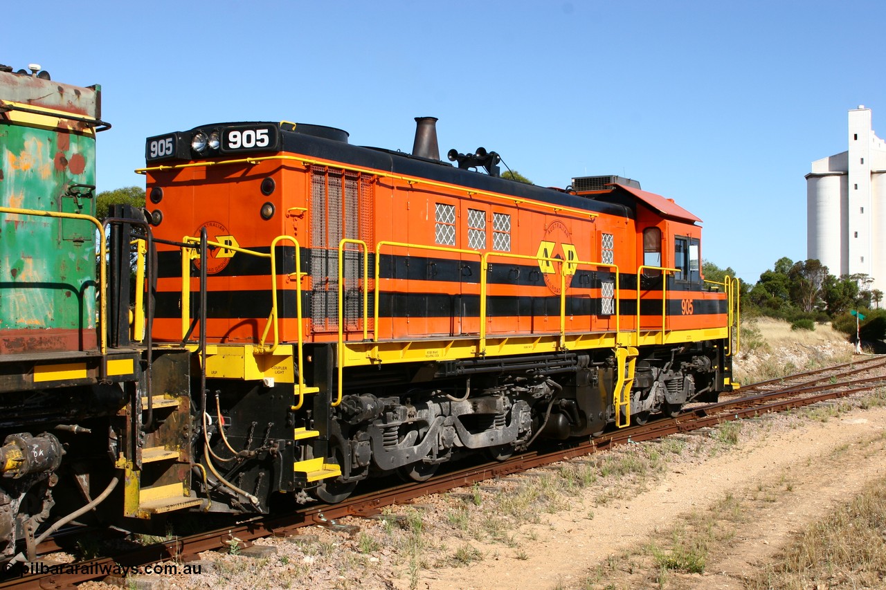 060111 2366
Kyancutta, ARG 900 class unit 905, originally built by AE Goodwin as 830 class unit 836 serial 83727, converted to DA class DA 6 by Australian National at Port Augusta workshops for driver only operation in 1996. Trailing unit in a north bound grain train. 11th January 2006.
Keywords: 900-class;905;83727;830-class;836;AE-Goodwin;ALCo;DL531;DA-class;DA6;