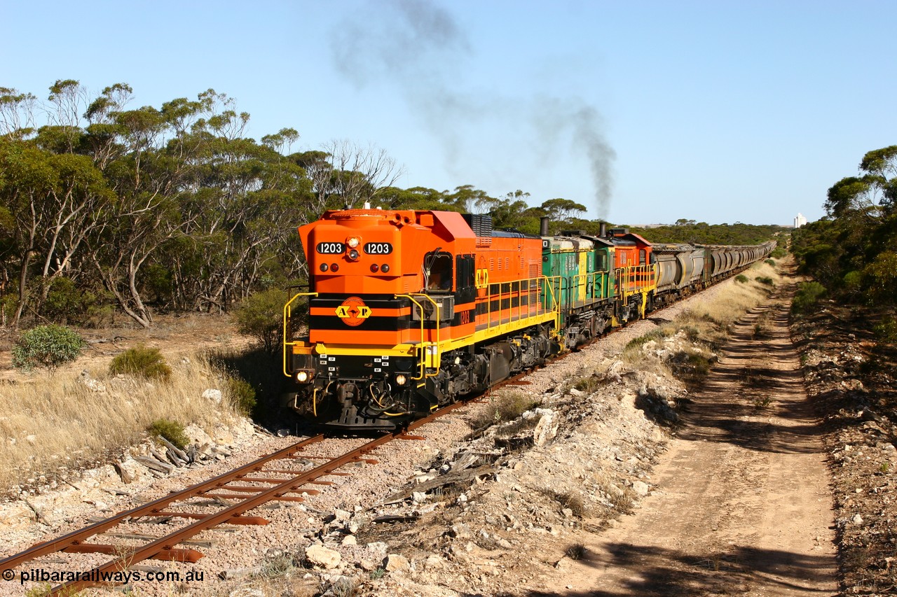 060111 2385
Kyancutta, ARG 1200 class unit 1203, a Clyde Engineering EMD model G12C serial 65-427, one of fourteen originally built between 1960-65 for WAGR as their A class A 1513, fitted with dynamic brakes and financed by Western Mining Corporation, started working on the Eyre Peninsula in November 2004.
Keywords: 1200-class;1203;Clyde-Engineering-Granville-NSW;EMD;G12C;65-427;A-class;A1513;