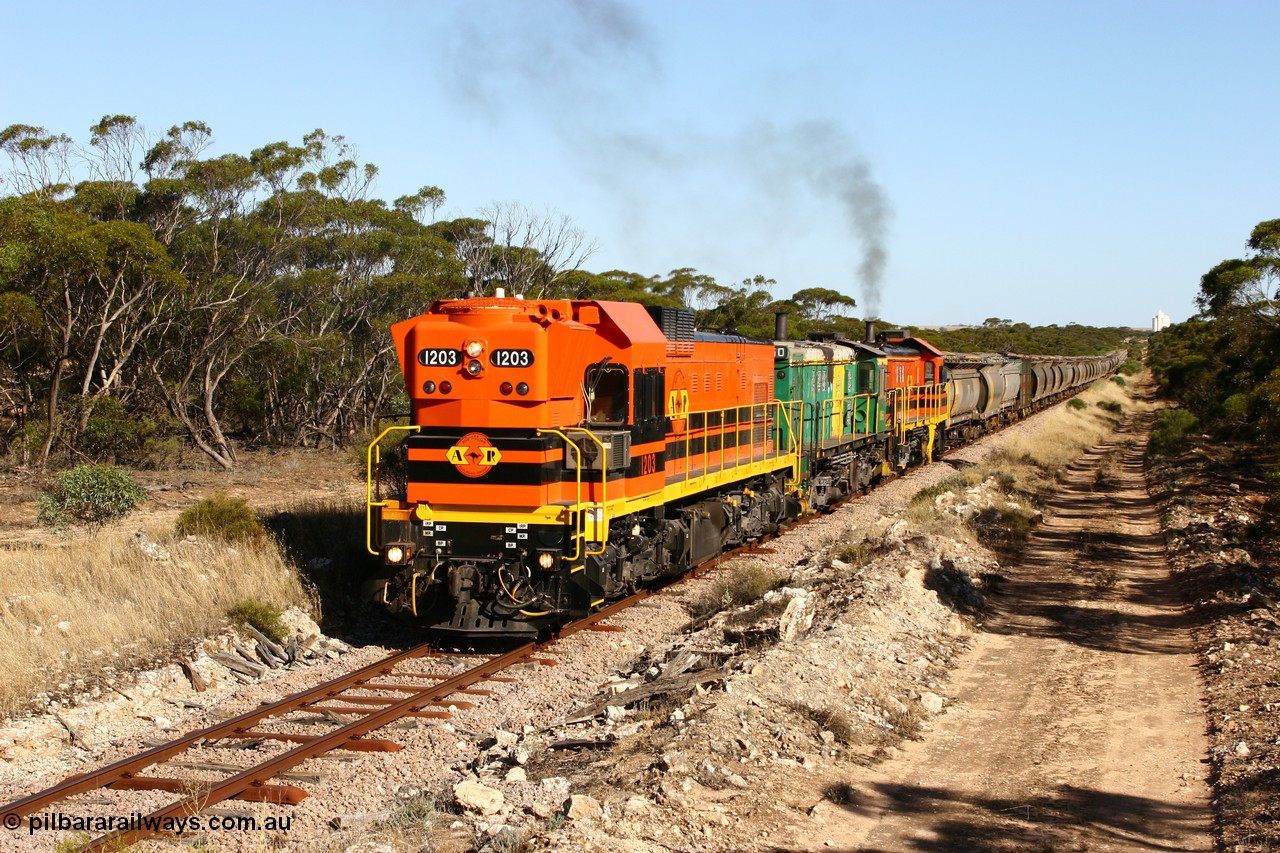 060111 2386
Kyancutta, ARG 1200 class unit 1203, a Clyde Engineering EMD model G12C serial 65-427, one of fourteen originally built between 1960-65 for WAGR as their A class A 1513, fitted with dynamic brakes and financed by Western Mining Corporation, started working on the Eyre Peninsula in November 2004.
Keywords: 1200-class;1203;Clyde-Engineering-Granville-NSW;EMD;G12C;65-427;A-class;A1513;