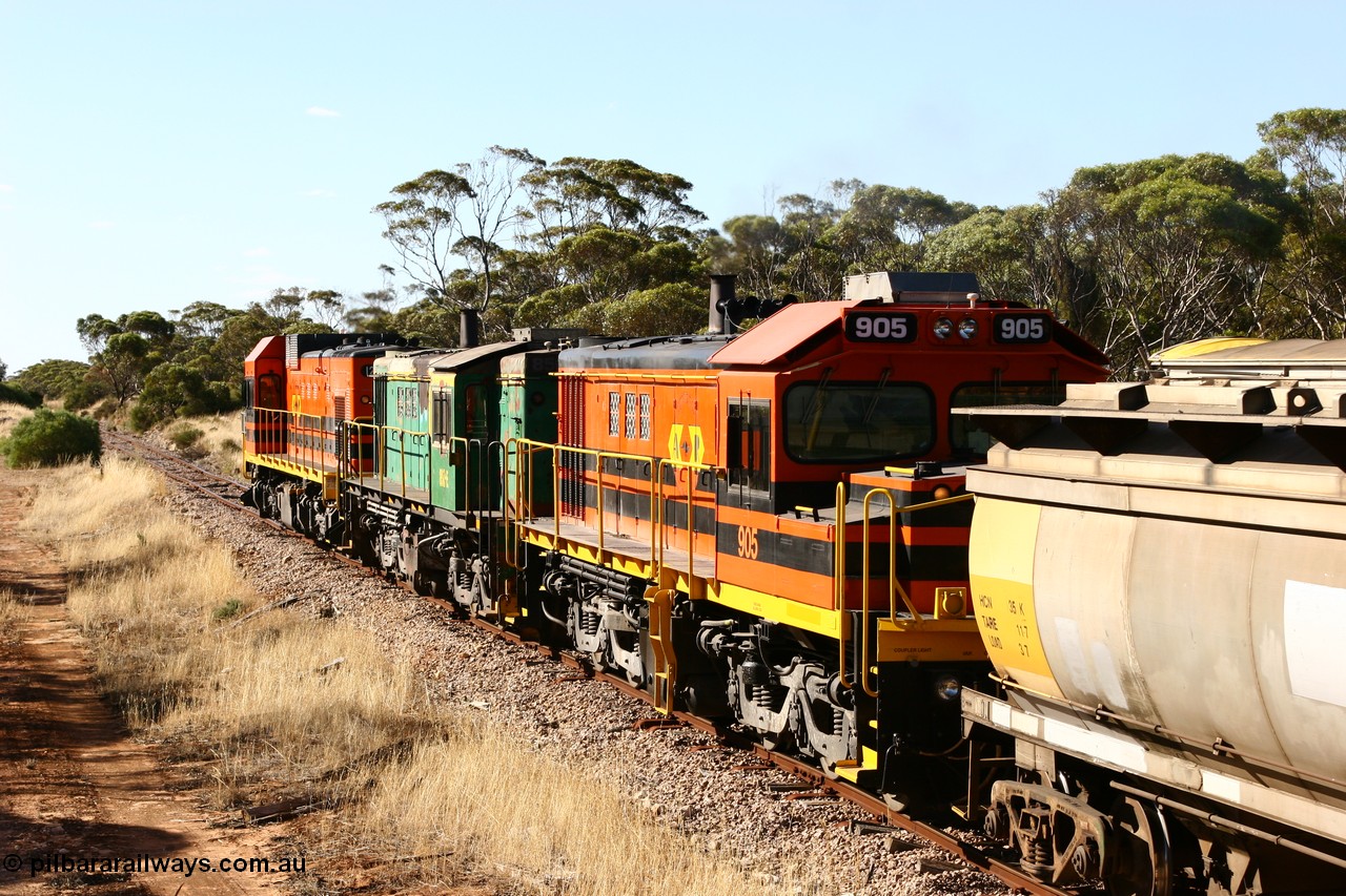 060111 2389
Kyancutta, ARG 900 class unit 905, originally built by AE Goodwin as 830 class unit 836 serial 83727, converted to DA class DA 6 by Australian National at Port Augusta workshops for driver only operation in 1996. Trailing unit in a north bound grain train. 11th January 2006.
Keywords: 900-class;905;AE-Goodwin;ALCo;DL531;83727;830-class;836;DA-class;DA6;