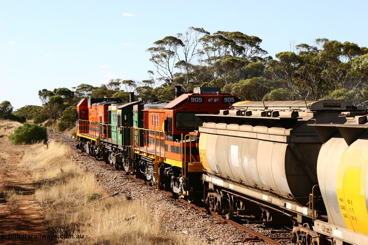 060111 2390
Kyancutta, ARG 900 class unit 905, originally built by AE Goodwin as 830 class unit 836 serial 83727, converted to DA class DA 6 by Australian National at Port Augusta workshops for driver only operation in 1996. Trailing unit in a north bound grain train. 11th January 2006.
Keywords: 900-class;905;83727;830-class;836;AE-Goodwin;ALCo;DL531;DA-class;DA6;