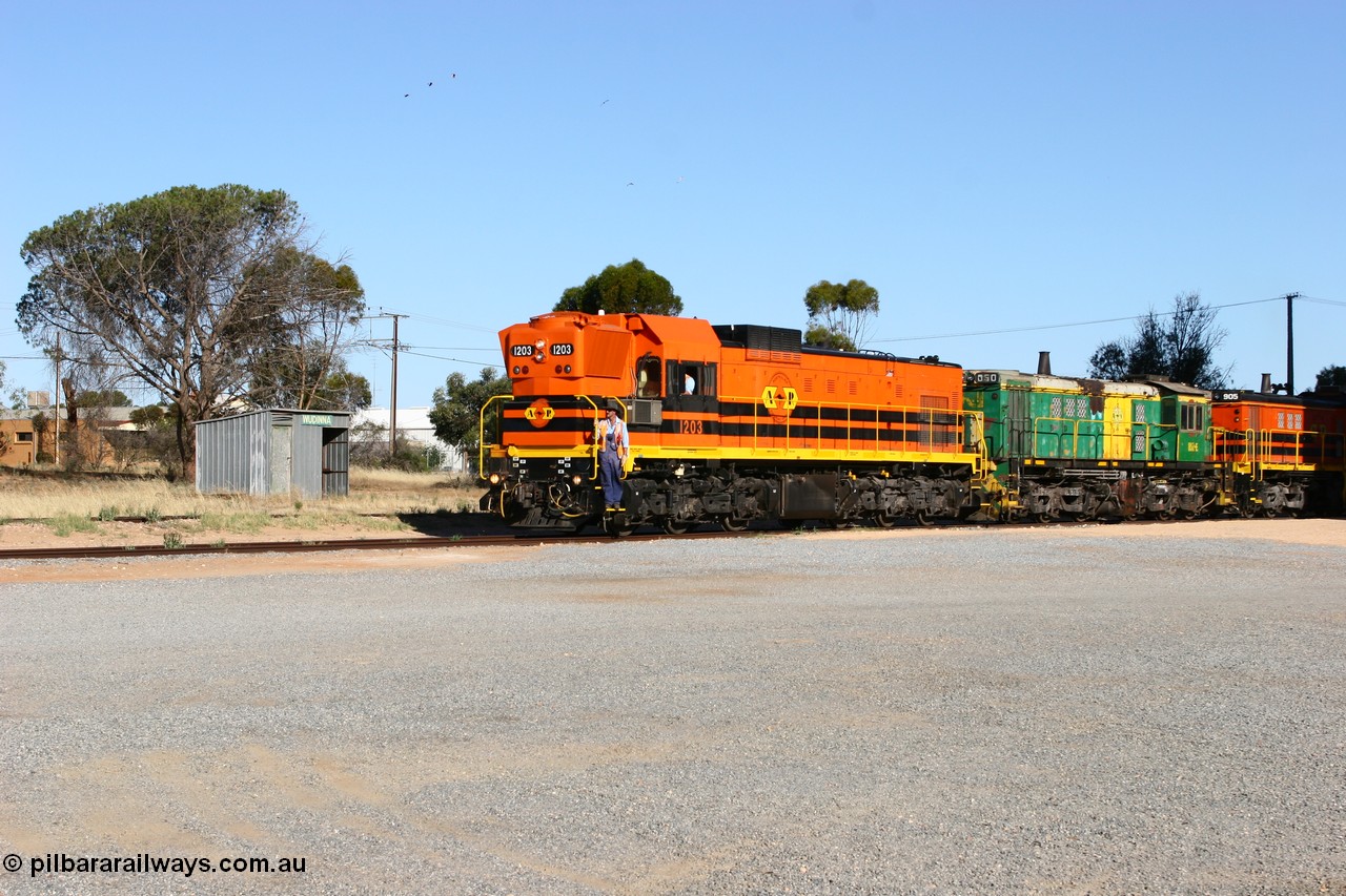 060111 2399
Wudinna, ARG 1200 class unit 1203, a Clyde Engineering EMD model G12C serial 65-427 is one of fourteen originally built between 1960-65 for WAGR as A class, A 1513, fitted with dynamic brakes and financed by Western Mining Corporation, it started working on the Eyre Peninsula in November 2004, here it and two ALCo units 850 and 905 have arrived on the grain loop and are about to run round the consist. 11th January 2006.
Keywords: 1200-class;1203;Clyde-Engineering-Granville-NSW;EMD;G12C;65-427;A-class;A1513;