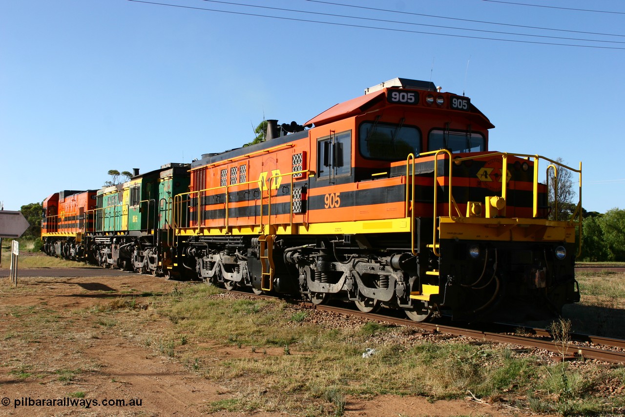 060111 2408
Wudinna, ARG 900 class unit 905, originally built by AE Goodwin as 830 class unit 836 serial 83727, converted to DA class DA 6 by Australian National at Port Augusta workshops for driver only operation in 1996. Trailing unit in a north bound grain train. 11th January 2006.
Keywords: 900-class;905;83727;830-class;836;AE-Goodwin;ALCo;DL531;DA-class;DA6;