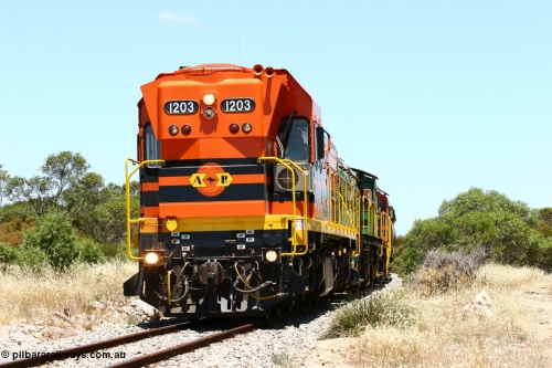 060111 2255
Tooligie, a kilometre south with empty grain train ARG 1200 class unit 1203, a Clyde Engineering EMD model G12C serial 65-427, one of fourteen originally built between 1960-65 for WAGR as their A class A 1513, fitted with dynamic brakes and financed by Western Mining Corporation, started working on the Eyre Peninsula in November 2004 leads an empty grain train north. 11th January 2006.
Keywords: 1200-class;1203;Clyde-Engineering-Granville-NSW;EMD;G12C;65-427;A-class;A1513;