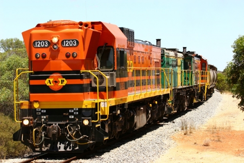 060111 2271
Tooligie, empty grain train running north behind ARG 1200 class unit 1203, a Clyde Engineering EMD model G12C serial 65-427, one of fourteen originally built between 1960-65 for WAGR as their A class A 1513, fitted with dynamic brakes and financed by Western Mining Corporation, started working on the Eyre Peninsula in November 2004. 11th January 2006.
Keywords: 1200-class;1203;Clyde-Engineering-Granville-NSW;EMD;G12C;65-427;A-class;A1513;