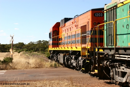 060111 2377
Kyancutta, ARG 1200 class unit 1203, a Clyde Engineering EMD model G12C serial 65-427, one of fourteen originally built between 1960-65 for WAGR as their A class A 1513, fitted with dynamic brakes and financed by Western Mining Corporation, started working on the Eyre Peninsula in November 2004.
Keywords: 1200-class;1203;Clyde-Engineering-Granville-NSW;EMD;G12C;65-427;A-class;A1513;