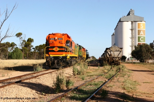 060111 2411
Wudinna, ARG 1200 class unit 1203, a Clyde Engineering EMD model G12C serial 65-427, one of fourteen originally built between 1960-65 for WAGR as their A class A 1513, fitted with dynamic brakes and financed by Western Mining Corporation, started working on the Eyre Peninsula in November 2004, 1203 and two ALCo units 850 and 905 shunt back down the mainline at Wudinna as they run round their consist. 11th January 2006.
Keywords: 1200-class;1203;Clyde-Engineering-Granville-NSW;EMD;G12C;65-427;A-class;A1513;