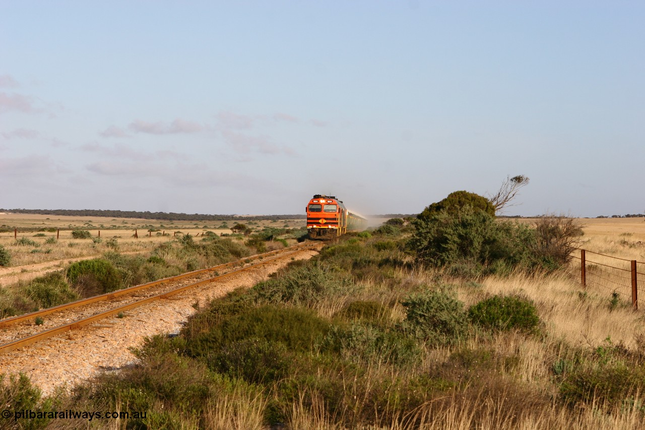 060113 2414
Ceduna, loaded gypsum train 6DD2 powers along the grades outside of town behind the triple 1600 / NJ class combination of 1604, NJ 3 and 1601 at 08:10 AM on the Friday the 13th January 2006.
Keywords: 1600-class;1604;71-731;Clyde-Engineering-Granville-NSW;EMD;JL22C;NJ-class;NJ4;