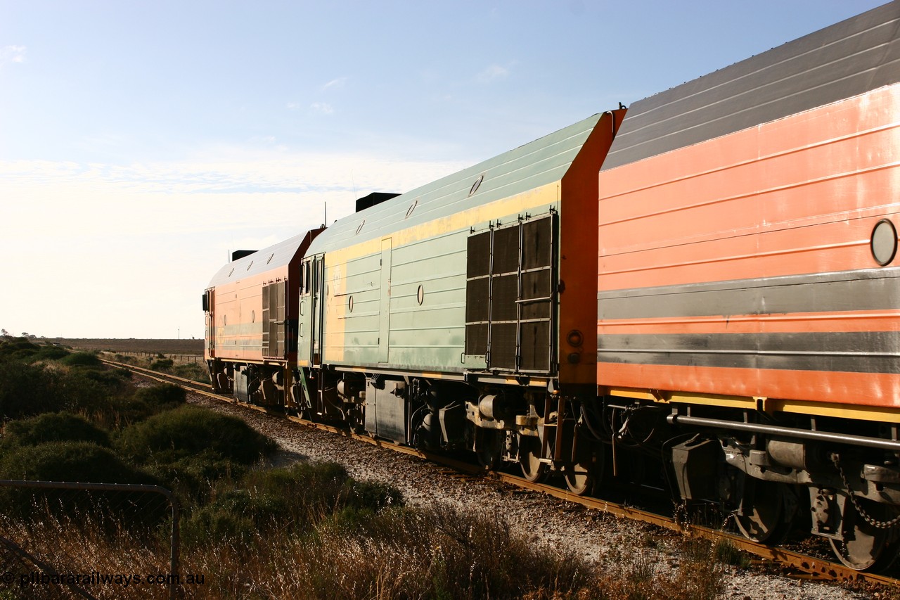 060113 2424
Ceduna, NJ class Clyde Engineering EMD JL22C model unit NJ 3 serial 71-730, built in 1971 at Clyde's Granville NSW workshops, started out on the Central Australia Railway for the Commonwealth Railways before being transferred to the Eyre Peninsula system in 1981. Still in AN green but lettered for Australian Southern Railroad.
Keywords: NJ-class;NJ3;71-730;Clyde-Engineering-Granville-NSW;EMD;JL22C;