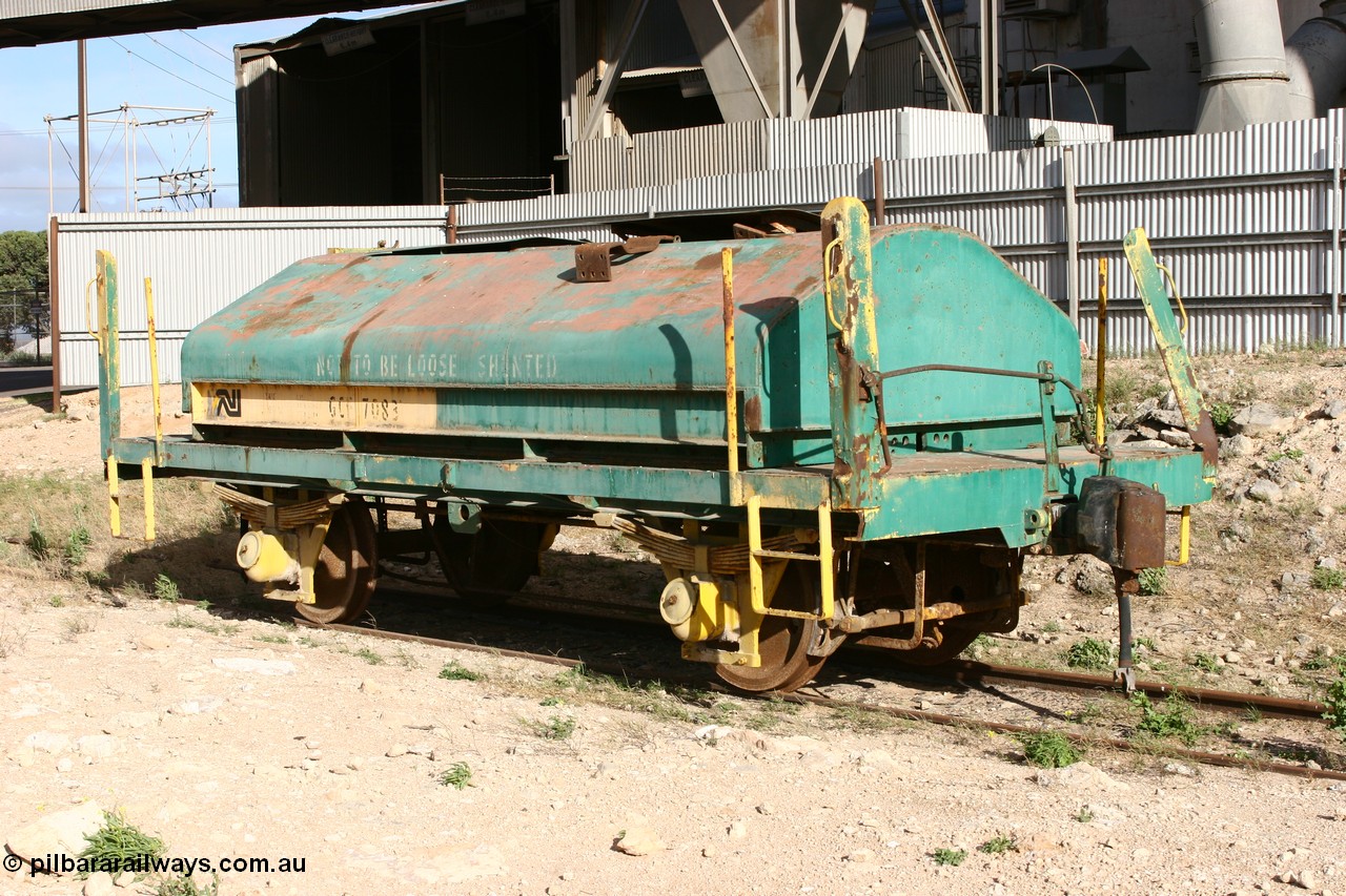 060113 2429
Thevenard, GCF type weighbridge test waggon GCF 7083, originally built by SAR Islington Workshops as an CFN type cattle waggon CFN 7083 in 1945 and sent new to EP Division, converted in 1969 to GCF sleeper transport waggon, then to a Shunters Runner c.1975 and to the current guise c.1996. [url=http://www.minnipasiding.com.au/peninsula-pioneer/rs-weigh-test.html]More details can be found for this waggon here[/url]. [url=https://goo.gl/maps/u2D4l]Seen here next to one of the silo complexes[/url].
Keywords: GCF-type;GCF7083;SAR-Islington-WS;CFN-type;CFN7083;