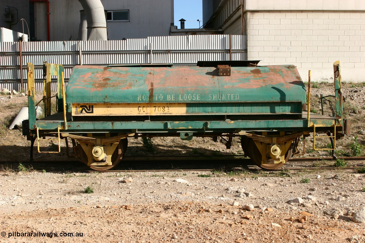 060113 2430
Thevenard, GCF type weighbridge test waggon GCF 7083, originally built by SAR Islington Workshops as an CFN type cattle waggon CFN 7083 in 1945 and sent new to EP Division, converted in 1969 to GCF sleeper transport waggon, then to a Shunters Runner c.1975 and to the current guise c.1996. [url=http://www.minnipasiding.com.au/peninsula-pioneer/rs-weigh-test.html]More details can be found for this waggon here[/url]. [url=https://goo.gl/maps/u2D4l]Seen here next to one of the silo complexes[/url].
Keywords: GCF-type;GCF7083;SAR-Islington-WS;CFN-type;CFN7083;