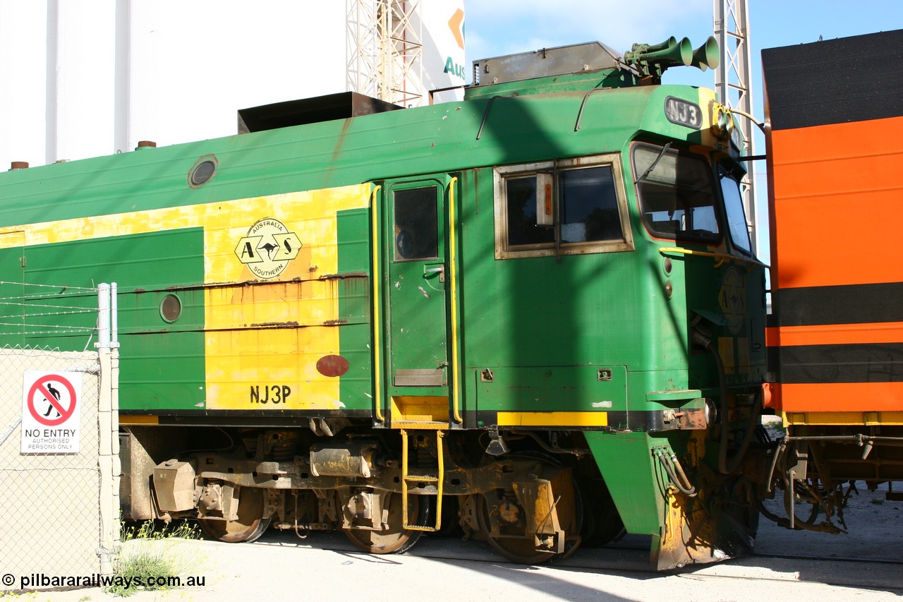 060113 2446
Thevenard, NJ class unit NJ 3 a Clyde Engineering built EMD model JL22C serial 71-730, originally built for the Central Australia Railway in 1971, transferred to the Eyre Peninsula in 1981. 13th January 2006.
Keywords: NJ-class;NJ3;Clyde-Engineering-Granville-NSW;EMD;JL22C;71-730;