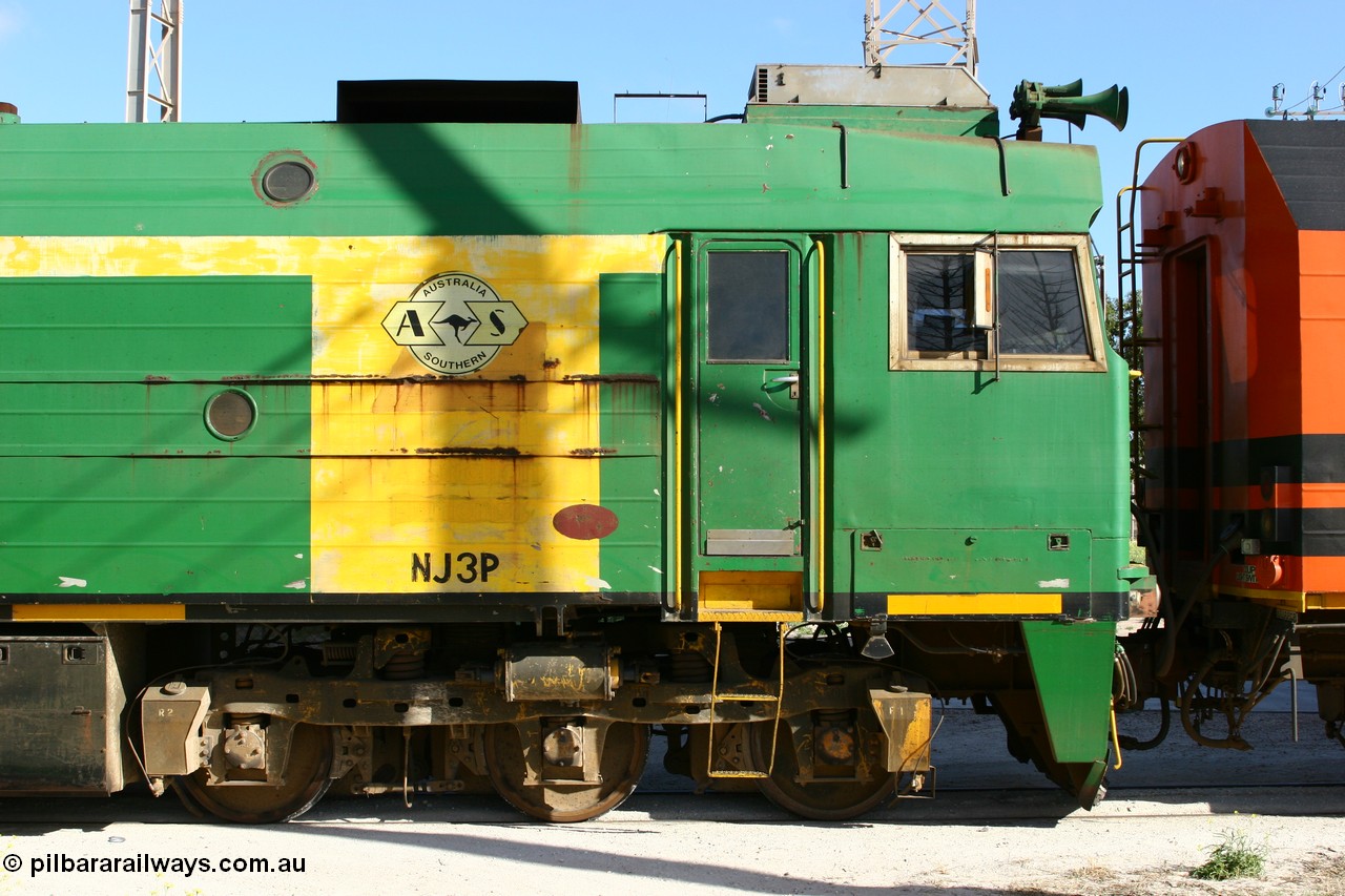 060113 2447
Thevenard, NJ class unit NJ 3 a Clyde Engineering built EMD model JL22C serial 71-730, originally built for the Central Australia Railway in 1971, transferred to the Eyre Peninsula in 1981. 13th January 2006.
Keywords: NJ-class;NJ3;Clyde-Engineering-Granville-NSW;EMD;JL22C;71-730;