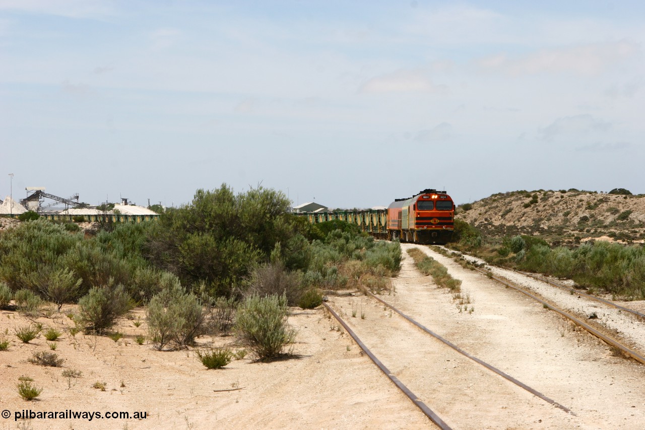 060113 2483
Kevin, ARG 1600 class narrow gauge loco 1604 a Clyde Engineering built EMD model JL22C serial 71-731, originally built for the Central Australia Railway in 1971, transferred to the Eyre Peninsula in 1981 arrives with empty gypsum train 6DD3. 13th January 2006.
Keywords: 1600-class;1604;Clyde-Engineering-Granville-NSW;EMD;JL22C;71-731;NJ-class;NJ4;