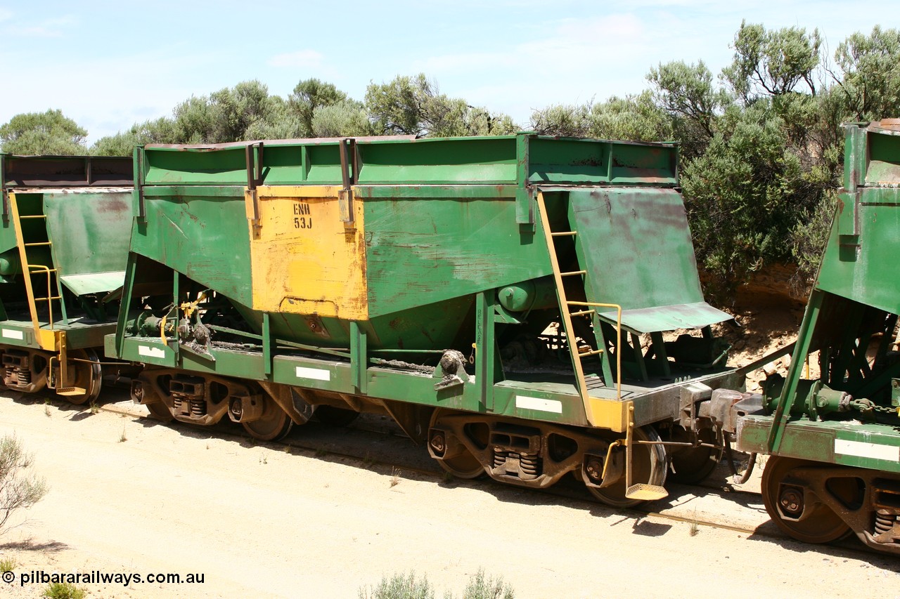 060113 2496
Kevin, originally one of sixty two Kinki Sharyo built NH type for the NAR in 1966, now coded ENH type ENH 53 with hungry boards fitted and access ladder still intact. Empty train 6DD3 on the [url=https://goo.gl/maps/jZAuZ]stub of the now closed line to Penong[/url].
Keywords: ENH-type;ENH53;Kinki-Sharyo-Japan;NH-type;NH953;