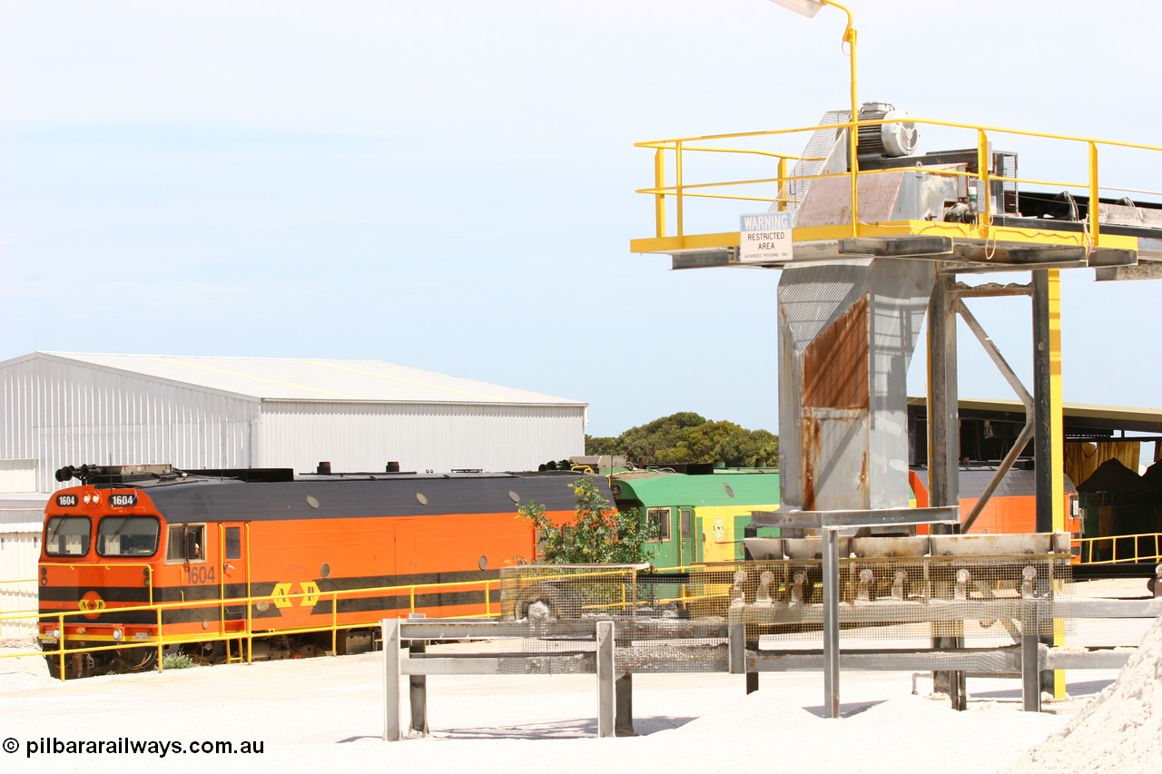 060113 2571
Thevenard, a view of the conveyors and unloading shed of Gypsum Resources Australia (GRA) plant as train 6DD4 commences unloading. 13th January 2006.
Keywords: 1600-class;1604;Clyde-Engineering-Granville-NSW;EMD;JL22C;71-731;NJ-class;NJ4;