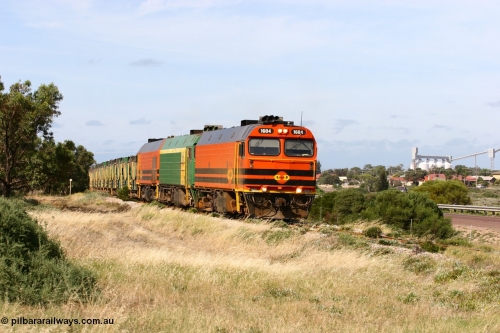 060113 2477
Thevenard, empty gypsum train 6DD3 lead by narrow gauge loco 1604 with a triple consist of Clyde Engineering built EMD JL22C model 1600 / NJ class combination of 1604 serial 71-731 and originally NJ 4, NJ 3 serial 71-730 and 1601 serial 71-728 the original class leader NJ 1, all three units started on the Central Australia Railway in 1971 and were transferred to the Eyre Peninsula in 1981. 1604 and 1601 both renumbered in 2004 [url=https://goo.gl/maps/3dLGGj7AFkE82J4A8]GeoData[/url]. January 13, 2006.
Keywords: 1600-class;1604;Clyde-Engineering-Granville-NSW;EMD;JL22C;71-731;NJ-class;NJ4;