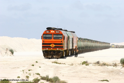 060113 2516
Kevin, empty train 6DD3 shunts back onto the triangle leg behind triple NJ/1600 class units, as the 2nd driver is on the ground monitoring the train as it passes over the points. 13th January 2006.
Keywords: 1600-class;1604;Clyde-Engineering-Granville-NSW;EMD;JL22C;71-731;NJ-class;NJ4;
