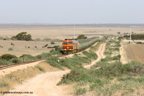 060113 2574
Ceduna, or Denial Bay area, empty gypsum train 6DD5 blasts up hill at the 440 km, crossing Carpenter Corner Rd with power from triple 1600/NJ class units 1604, NJ 3 and 1601. 1604 in Australian Railroad Group livery is a Clyde Engineering built EMD JL22C model serial 71-731, originally built as NJ class NJ 4. [url=https://goo.gl/maps/ULA2PjjKh6nhwHTdA]Location approximation[/url]. January 13, 2006.
Keywords: 1600-class;1604;Clyde-Engineering-Granville-NSW;EMD;JL22C;71-731;NJ-class;NJ4;