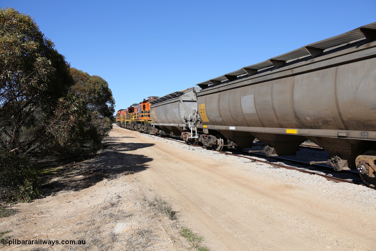 130703 0147
Murdinga, looking towards the front of the train with HCN type bogie grain hopper waggon HCN 11, originally an NHB type hopper built by Tulloch Ltd for the Commonwealth Railways North Australia Railway. One of forty rebuilt by Islington Workshops 1978-79 to the HCN type with a 36 ton rating, increased to 40 tonnes in 1984. Seen here loaded with grain with a Moose Metalworks roll-top cover. [url=https://goo.gl/maps/uDetNu8Kqon3CEMR6]Geo location[/url]. 3rd July 2013.
Keywords: HCN-type;HCN11;SAR-Islington-WS;rebuild;Tulloch-Ltd-NSW;NHB-type;NHB1007;