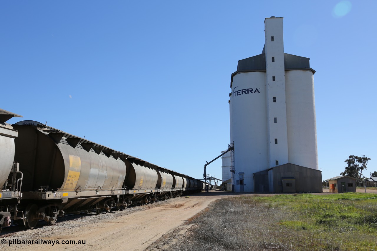 130703 0153
Murdinga, view looking north at the eight cell concrete silo complex built by SACBH with the Ascom silo visible behind and train being loaded in the siding. [url=https://goo.gl/maps/WFRgXQam4P4REFzu6]Geo location[/url]. 3rd July 2013.
