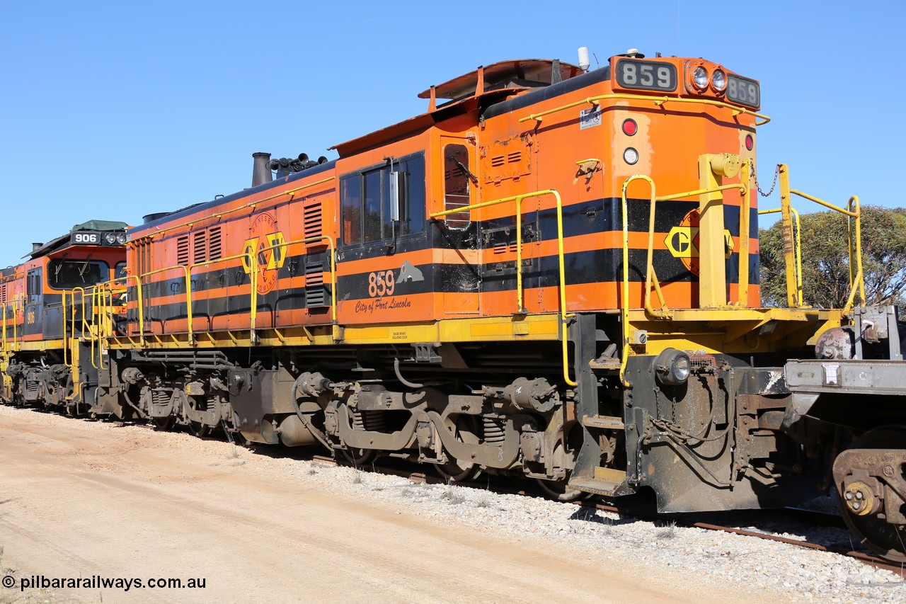 130703 0155
Murdinga, Genesee & Wyoming locomotive AE Goodwin ALCo model DL531 unit 859 'City of Port Lincoln' serial 84705, built in 1963, 859 started life at Peterborough, spent some years in Tasmania and even spent time in Perth on standard gauge before being transferred to the Eyre Peninsula system in 2003. [url=https://goo.gl/maps/uDetNu8Kqon3CEMR6]Geo location[/url]. 3rd July 2013.
Keywords: 830-class;859;AE-Goodwin;ALCo;DL531;84705;