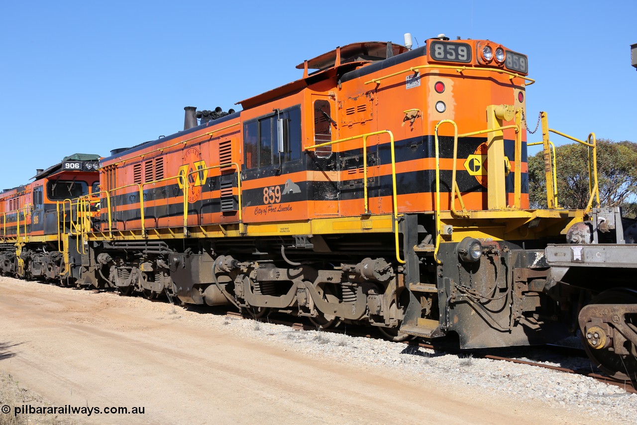 130703 0156
Murdinga, Genesee & Wyoming locomotive AE Goodwin ALCo model DL531 unit 859 'City of Port Lincoln' serial 84705, built in 1963, 859 started life at Peterborough, spent some years in Tasmania and even spent time in Perth on standard gauge before being transferred to the Eyre Peninsula system in 2003. [url=https://goo.gl/maps/uDetNu8Kqon3CEMR6]Geo location[/url]. 3rd July 2013.
Keywords: 830-class;859;AE-Goodwin;ALCo;DL531;84705;