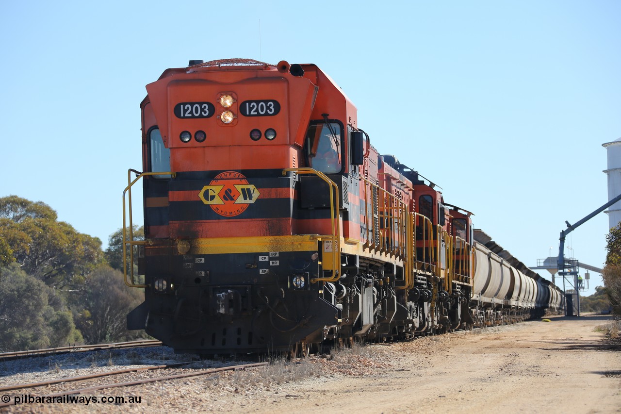 130703 0167
Murdinga, ARG 1200 class unit 1203, a Clyde Engineering EMD model G12C serial 65-427, one of two originally built in 1965 for Western Mining Corporation and operated by the WAGR as their A class A 1513, fitted with dynamic brakes, started working on the Eyre Peninsula in November 2004.
Keywords: 1200-class;1203;Clyde-Engineering-Granville-NSW;EMD;G12C;65-427;A-class;A1513;