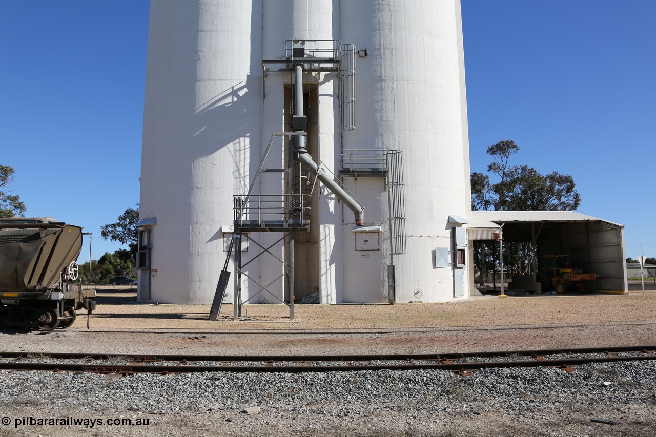 130703 0196
Tooligie, overview of the four cell concrete grain silo complex with the loading spout, dual unloading grids on the right where the shunting tractor is parked. [url=https://goo.gl/maps/6A5RxaKuZzx26s9j6]Geo location[/url]. 3rd July 2013.
