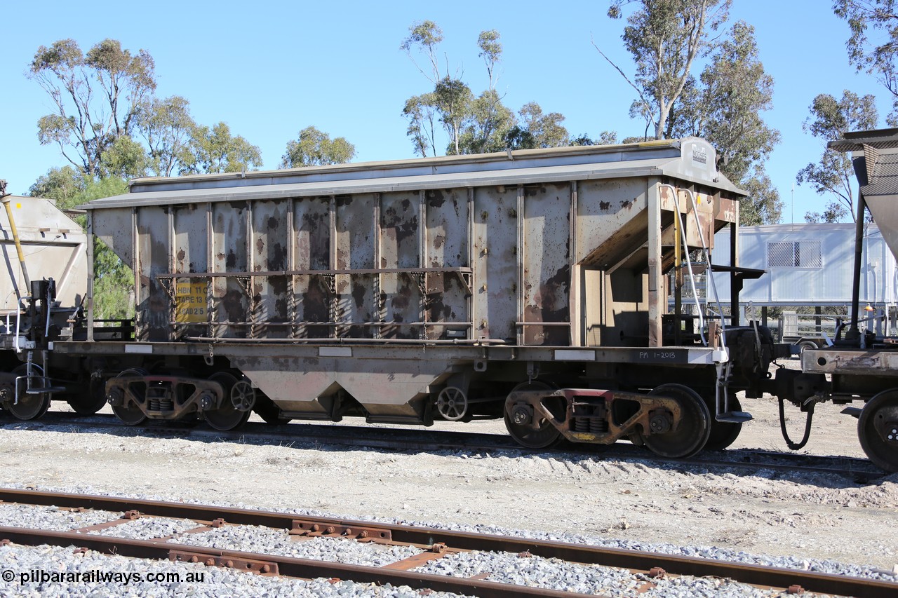 130703 0199
Tooligie, HBN type dual use ballast / grain hopper waggons, HBN 11 still with side gangways in place. One of seventeen built by South Australian Railways Islington Workshops in 1968 with a 25 ton capacity, increased to 34 tons in 1974. HBN 1-11 fitted with removable tops and roll-top hatches in 1999-2000.
Keywords: HBN-type;HBN11;1968/17-11;SAR-Islington-WS;