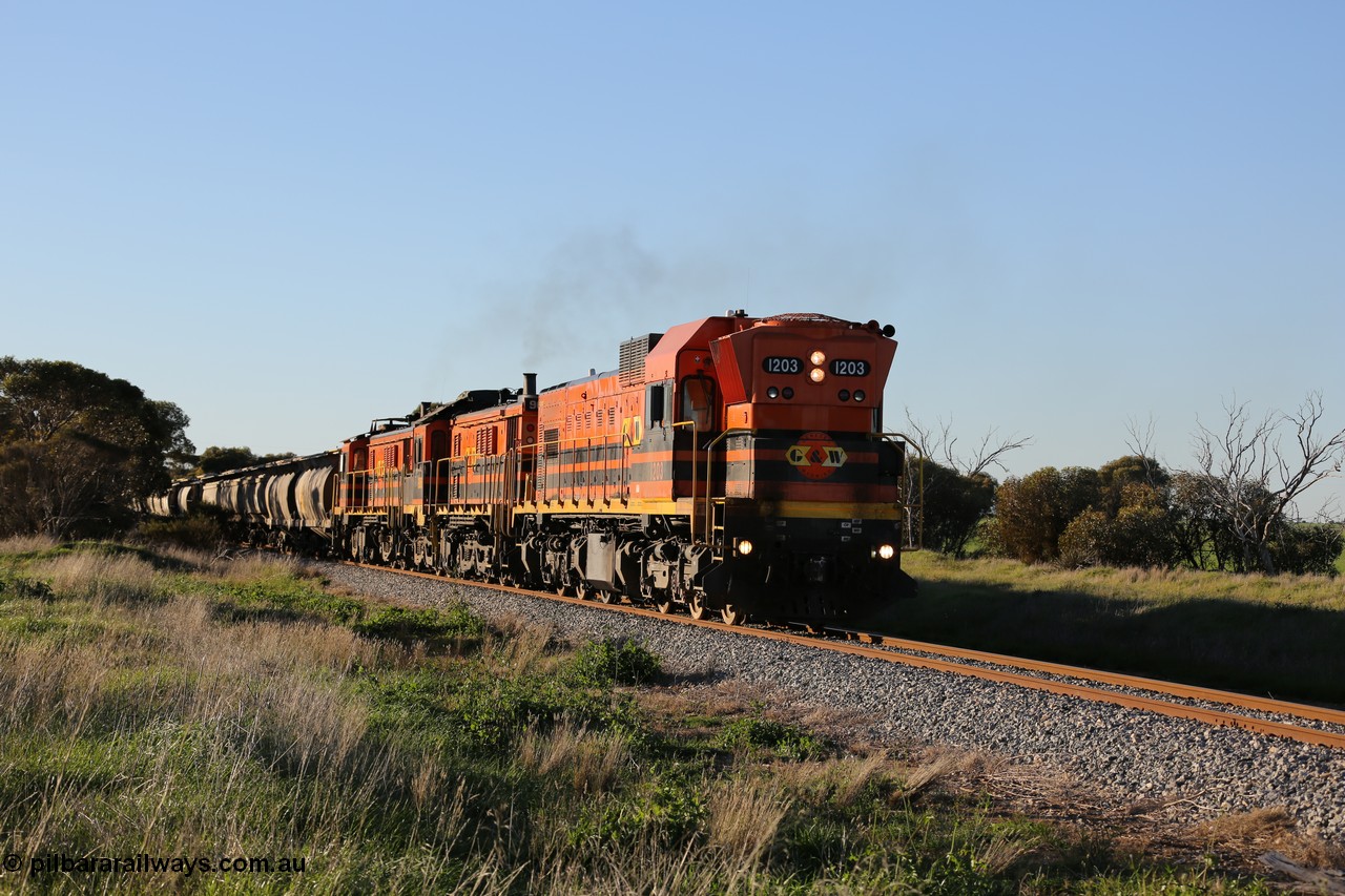 130703 0254
Kaldow, running south with the sun behind it is 1200 class 1204 a Clyde Engineering built EMD G12C model with serial 65-428 leading two ALCo units and was originally built in 1965 for Western Mining Corporation and operated by the WAGR as their A class A 1513. It came to the Eyre Peninsula in October 2004. [url=https://goo.gl/maps/FnDpXh45LbN7scrt5]Geo location[/url]. 3rd July 2013.
Keywords: 1200-class;1203;Clyde-Engineering-Granville-NSW;EMD;G12C;65-427;A-class;A1513;