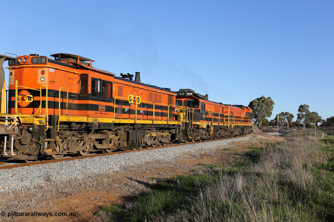 130703 0261
Kaldow, third unit on a Port Lincoln bound grain train Genesee & Wyoming locomotive AE Goodwin ALCo model DL531 unit 859 'City of Port Lincoln' serial 84705, built in 1963, 859 started life at Peterborough, spent some years in Tasmania and even spent time in Perth on standard gauge before being transferred to the Eyre Peninsula system in 2003. 3rd July 2013.
Keywords: 830-class;859;AE-Goodwin;ALCo;DL531;84705;