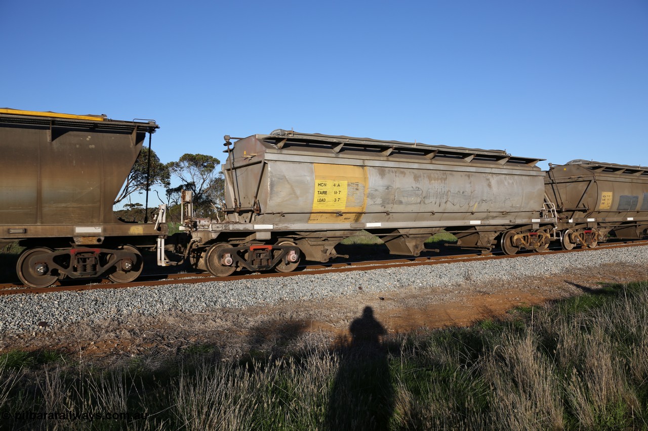 130703 0275
Kaldow, HCN type bogie grain hopper waggon HCN 4, originally an NHB type hopper built by Tulloch Ltd for the Commonwealth Railways North Australia Railway. One of forty rebuilt by Islington Workshops 1978-79 to the HCN type with a 36 ton rating, increased to 40 tonnes in 1984. Seen here loaded with grain with a Moose Metalworks roll-top cover.
Keywords: HCN-type;HCN4;SAR-Islington-WS;rebuild;Tulloch-Ltd-NSW;NHB-type;NHB1017;