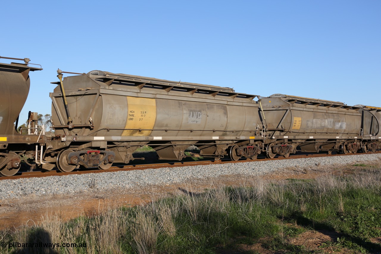 130703 0281
Kaldow, HCN type bogie grain hopper waggon HCN 33, originally an NHB type hopper built by Tulloch Ltd for the Commonwealth Railways North Australia Railway. One of forty rebuilt by Islington Workshops 1978-79 to the HCN type with a 36 ton rating, increased to 40 tonnes in 1984. Seen here loaded with grain with a Moose Metalworks roll-top cover.
Keywords: HCN-type;HCN33;SAR-Islington-WS;rebuild;Tulloch-Ltd-NSW;NHB-type;NHB1011;