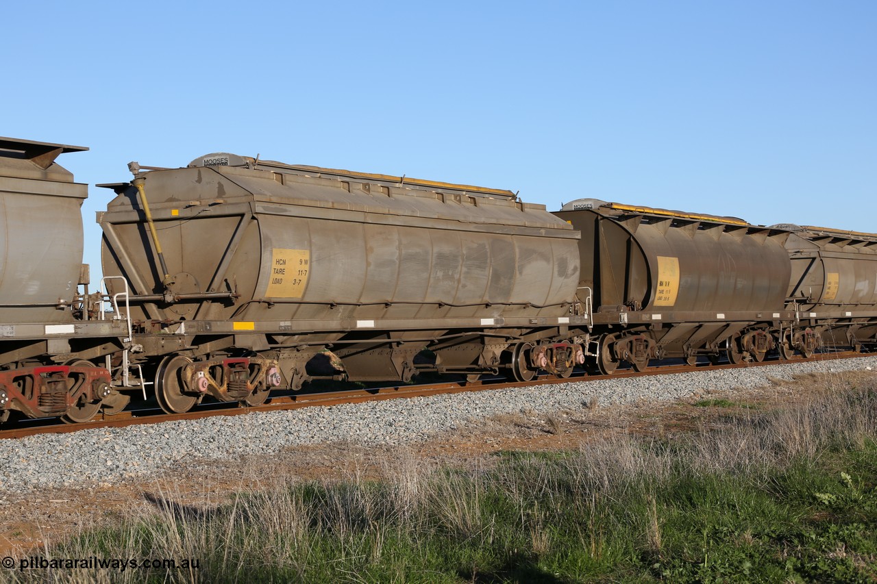 130703 0294
Kaldow, HCN type bogie grain hopper waggon HCN 9, originally an NHB type hopper built by Tulloch Ltd for the Commonwealth Railways North Australia Railway. One of forty rebuilt by Islington Workshops 1978-79 to the HCN type with a 36 ton rating, increased to 40 tonnes in 1984. Seen here loaded with grain with a Moose Metalworks roll-top cover.
Keywords: HCN-type;HCN9;SAR-Islington-WS;rebuild;Tulloch-Ltd-NSW;NHB-type;NHB1024;